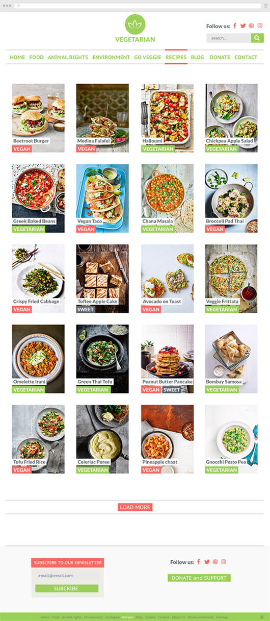 Vegetarian blog recipes collection page