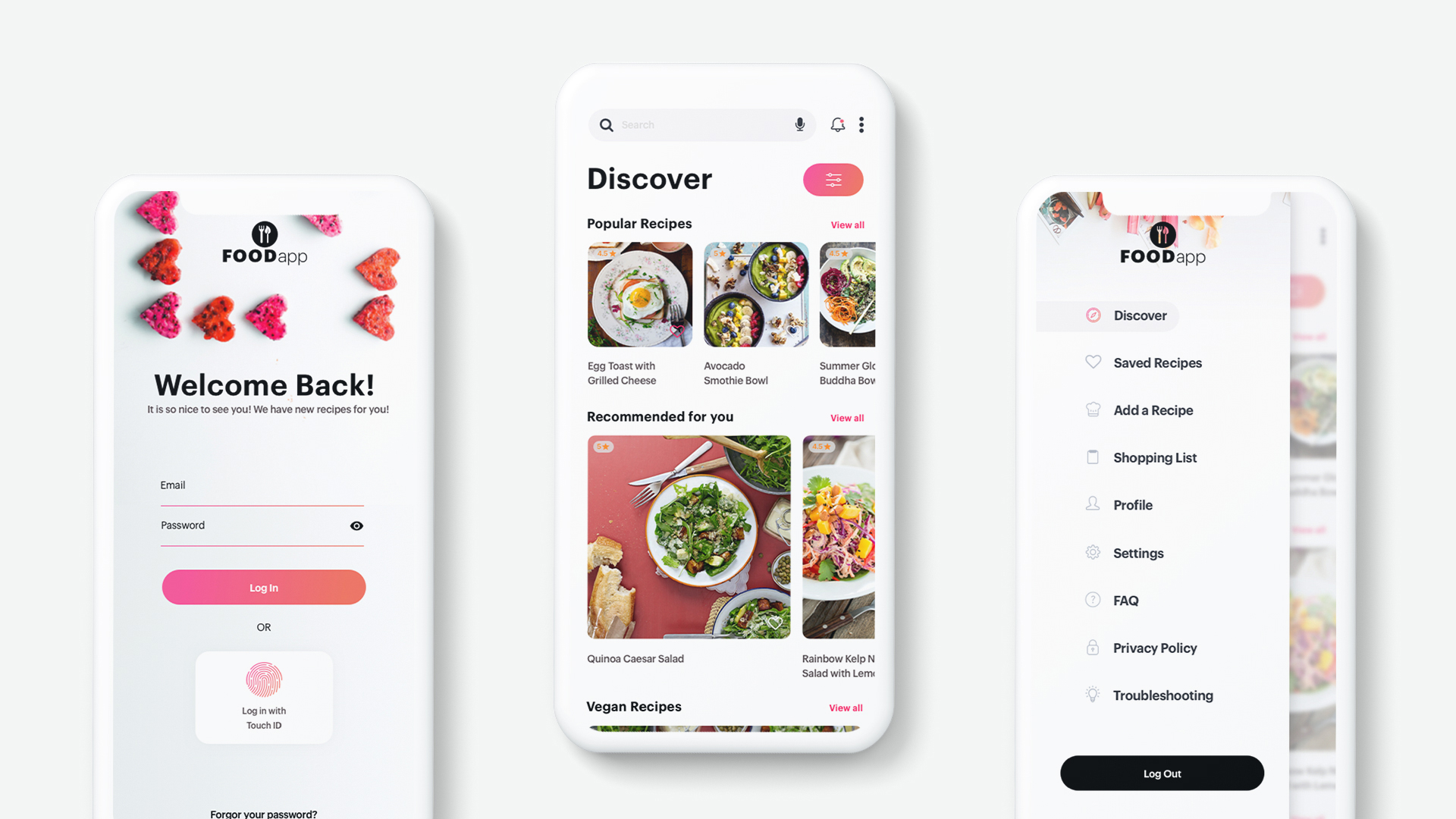 Food App log in, discover, menu